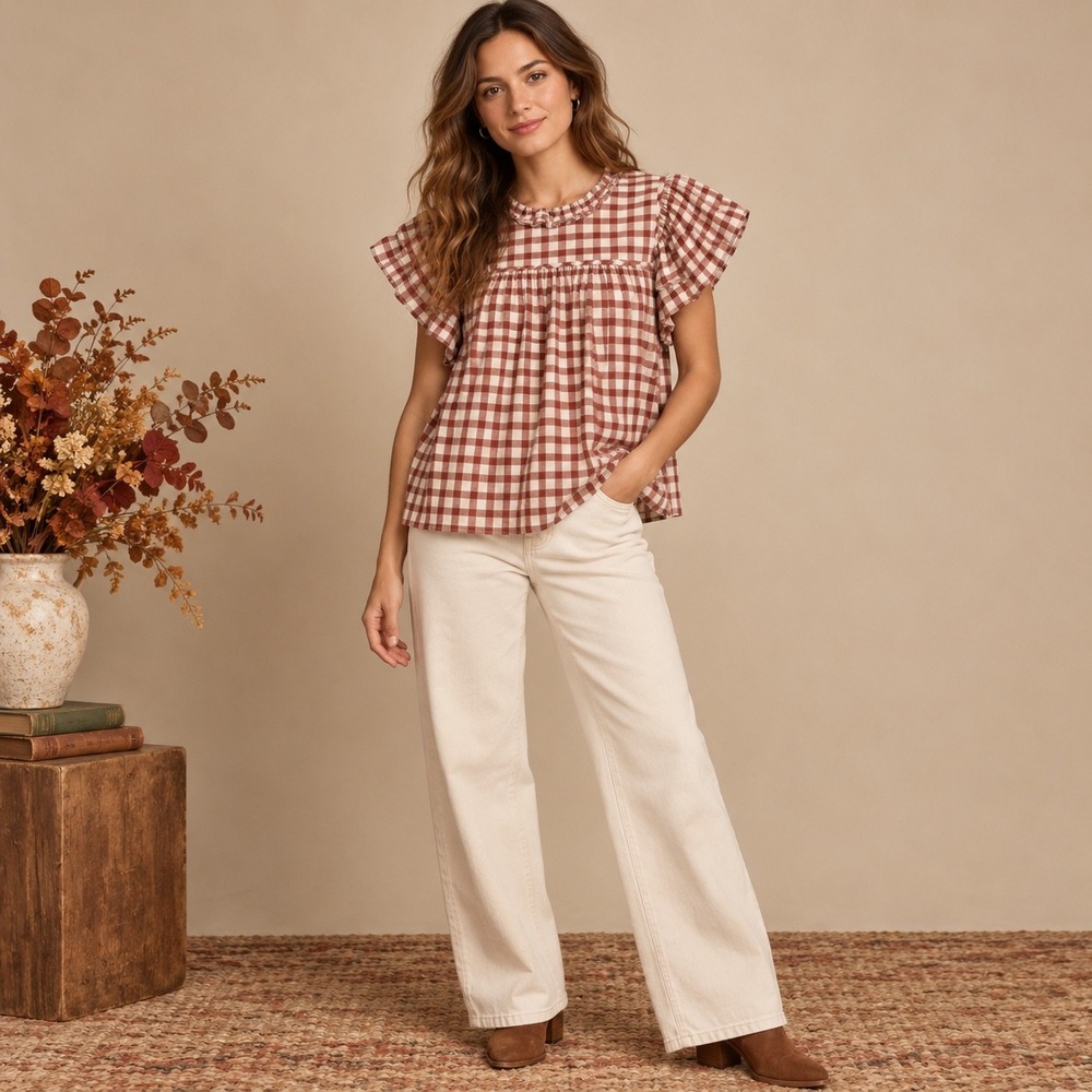 Ulla Johnson Gingham Flutter Sleeve Cotton Blouse 6 Rust Cottagecore Peasant